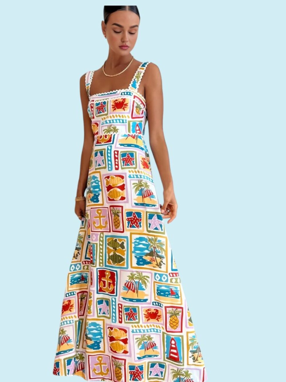Commense Graffiti Maxi Long Dress Size XL Sleeveless Coastal Nantucket Resort